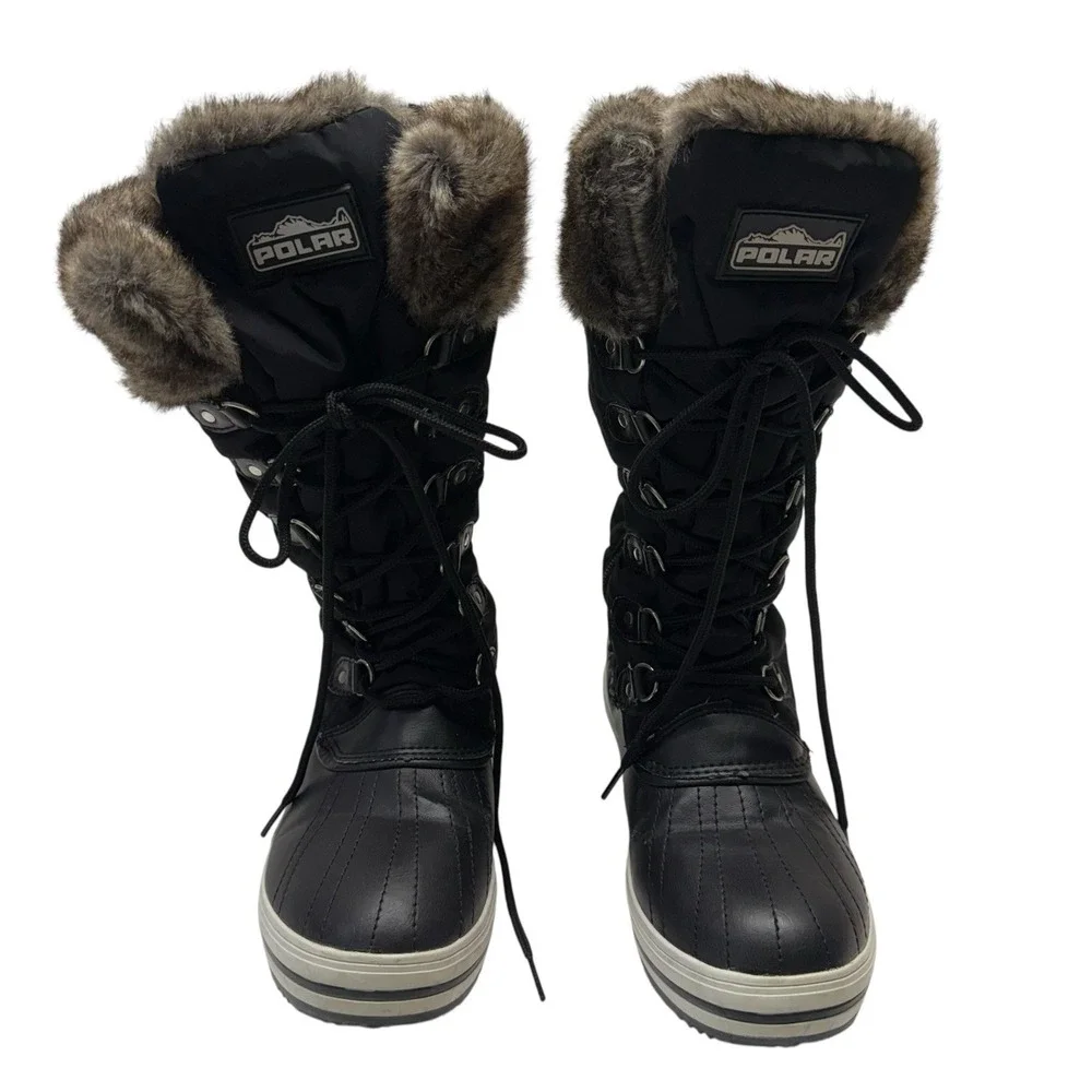 Polar Black Brown Quilted Faux Fur Mid Calf Waterproof Winter Boots‎ Sz 6 S5